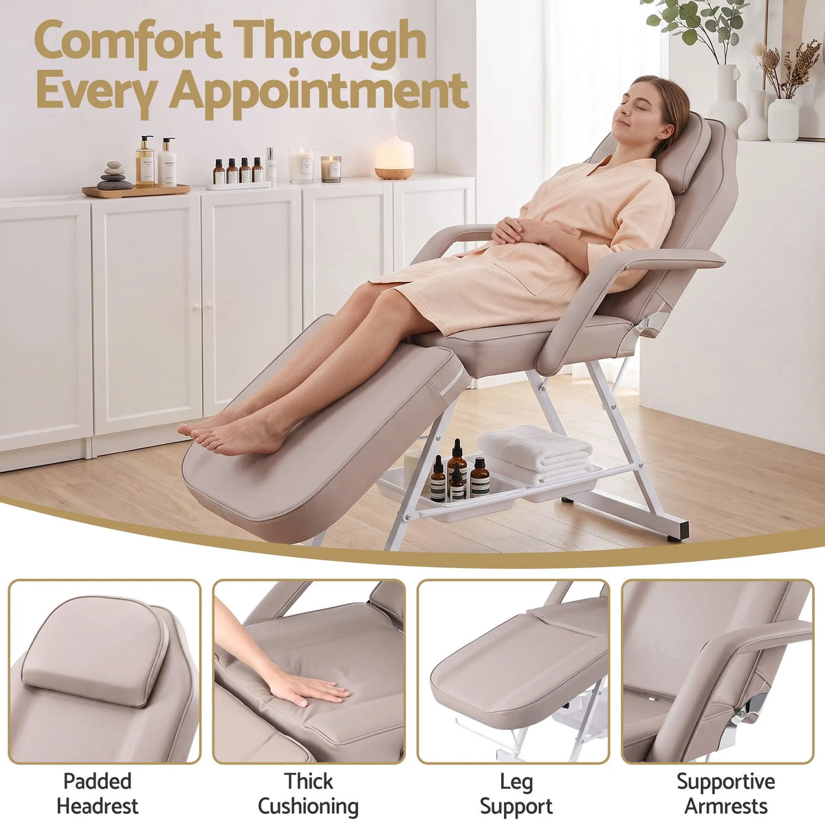 Zenses Beauty Bed with Stool, Beige, Adjustable Facial Massage Table, Tattoo Chair, Salon Services - Image 4