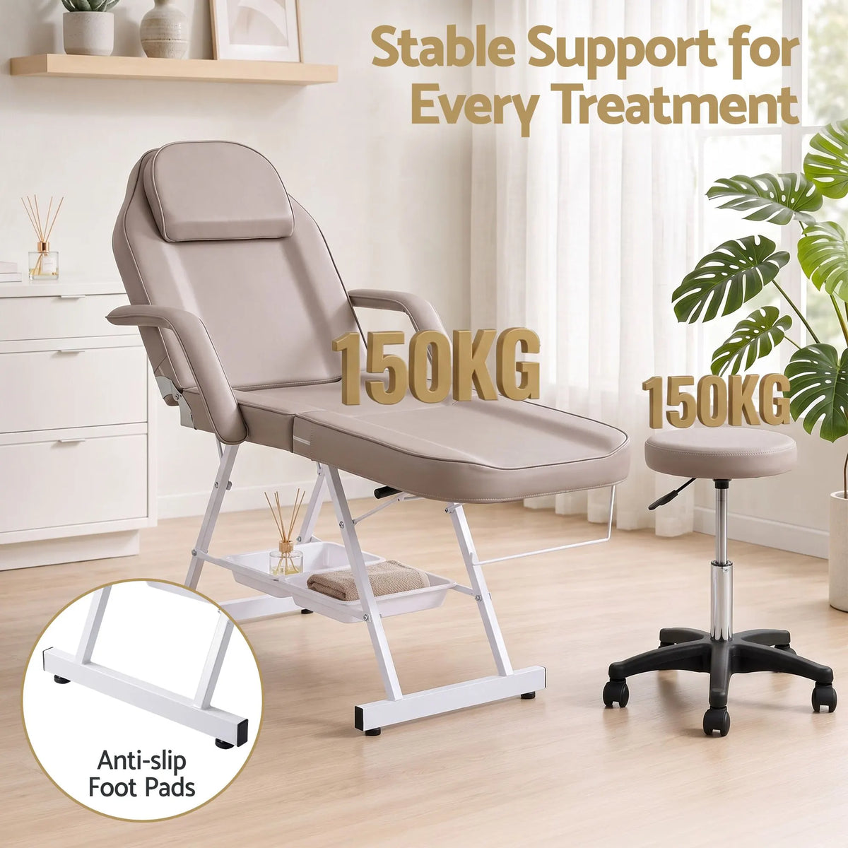 Zenses Beauty Bed with Stool, Beige, Adjustable Facial Massage Table, Tattoo Chair, Salon Services - Image 5