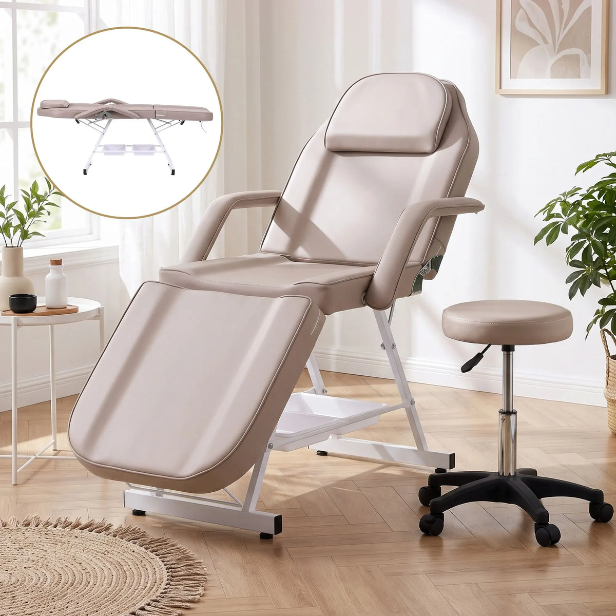 Zenses Beauty Bed with Stool, Beige, Adjustable Facial Massage Table, Tattoo Chair, Salon Services - Image 9