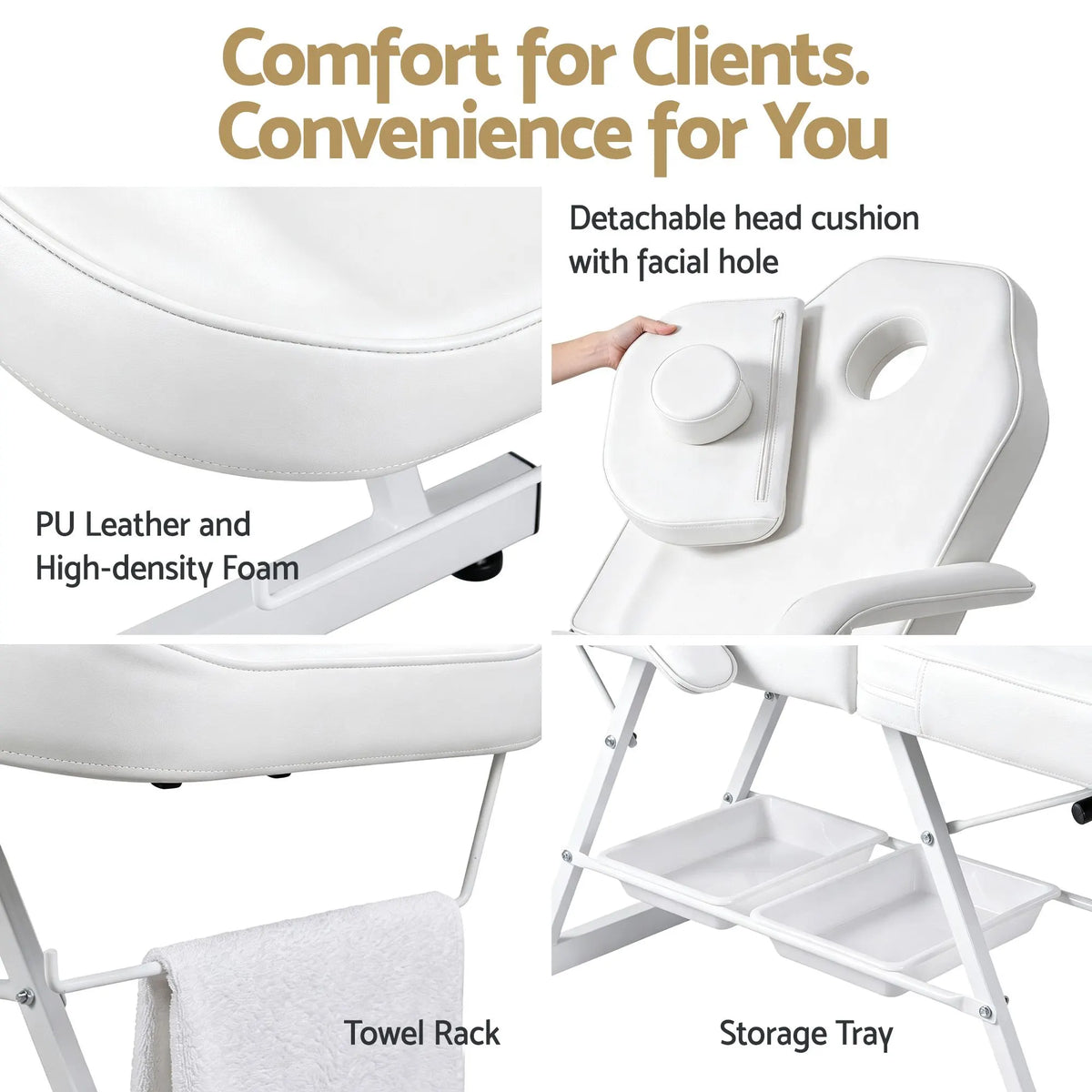 Zenses Beauty Bed with Stool, White, Adjustable Facial Massage Table, Tattoo Chair, Salon Services - Image 3