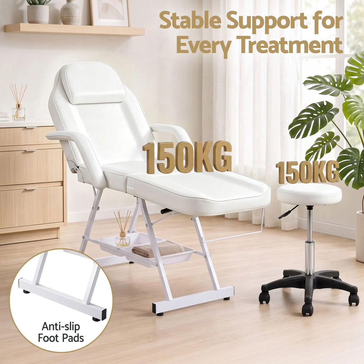 Zenses Beauty Bed with Stool, White, Adjustable Facial Massage Table, Tattoo Chair, Salon Services - Image 5