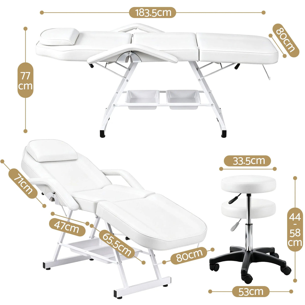 Zenses Beauty Bed with Stool, White, Adjustable Facial Massage Table, Tattoo Chair, Salon Services - Image 6