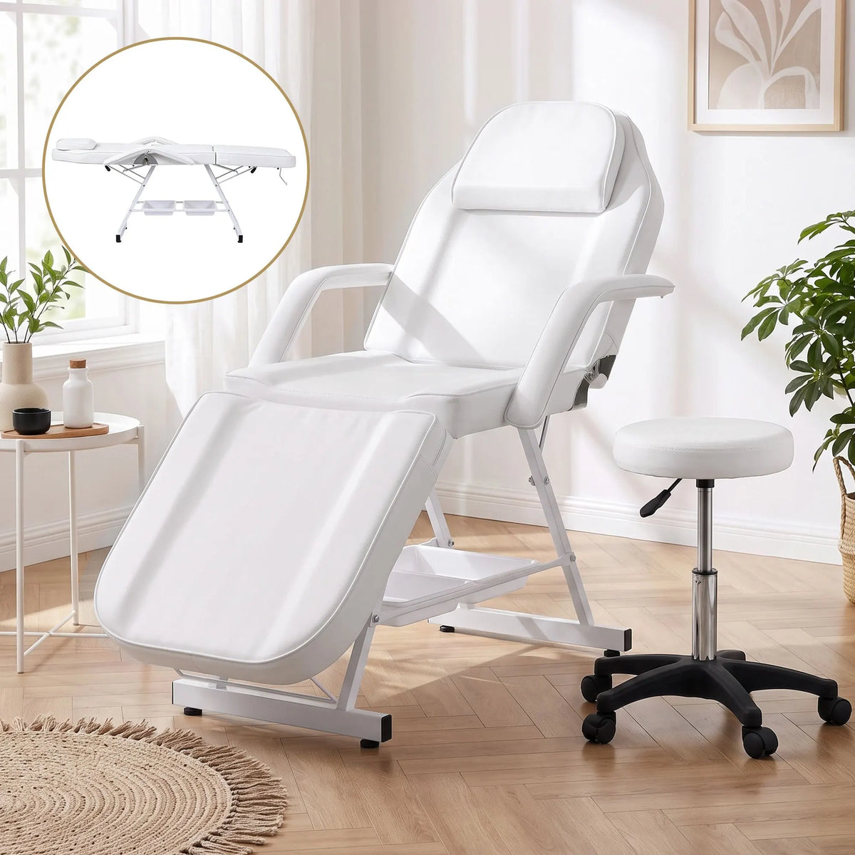 Zenses Beauty Bed with Stool, White, Adjustable Facial Massage Table, Tattoo Chair, Salon Services - Image 9