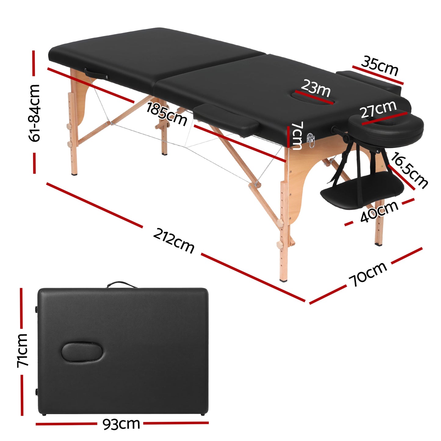 Zenses Massage Table 70cm Portable 2 Fold Wooden Beauty Waxing Therapy Bed Black - Image 2