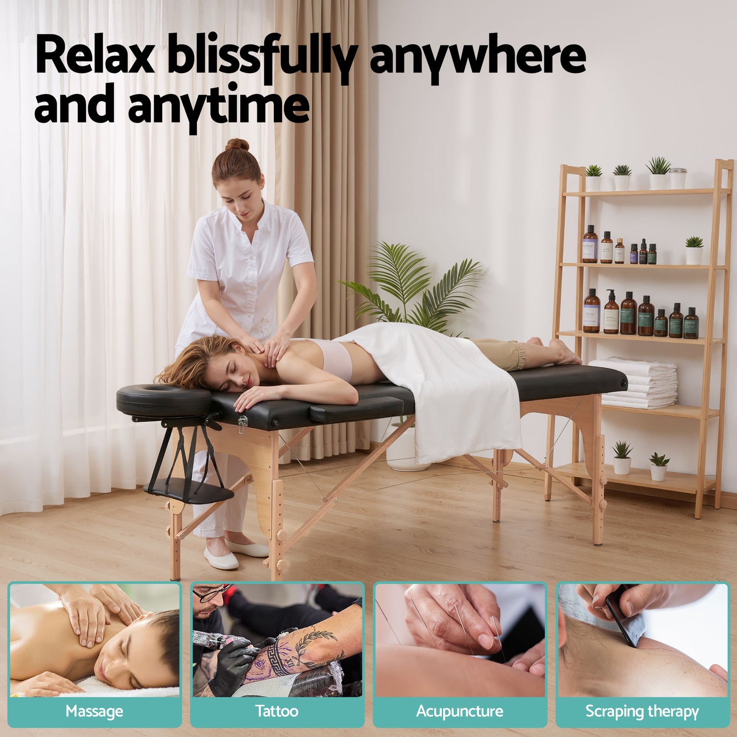 Zenses Massage Table 70cm Portable 2 Fold Wooden Beauty Waxing Therapy Bed Black - Image 4