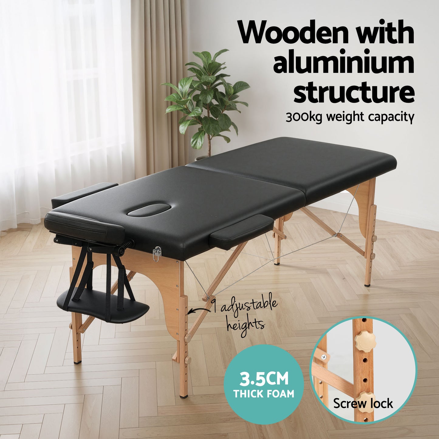 Zenses Massage Table 70cm Portable 2 Fold Wooden Beauty Waxing Therapy Bed Black - Image 5