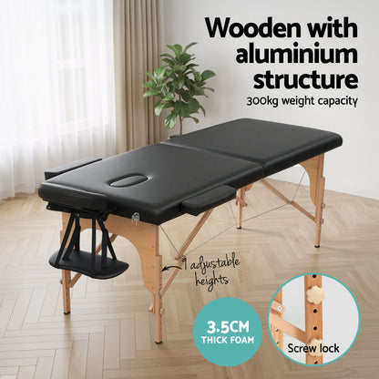 Zenses Massage Table 70cm Portable 2 Fold Wooden Beauty Waxing Therapy Bed Black - Image 5