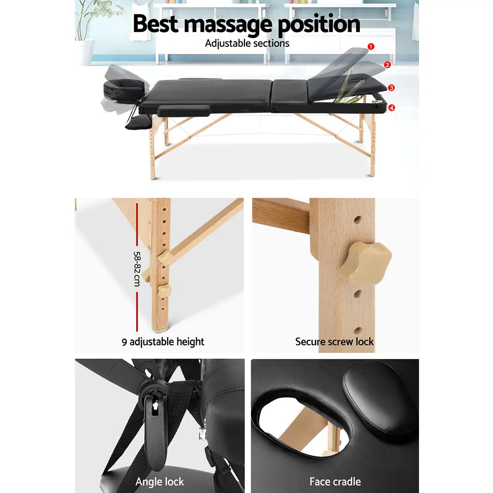 Zenses Massage Table 70cm Portable 3 Fold Wooden Beauty Bed Black - Image 5