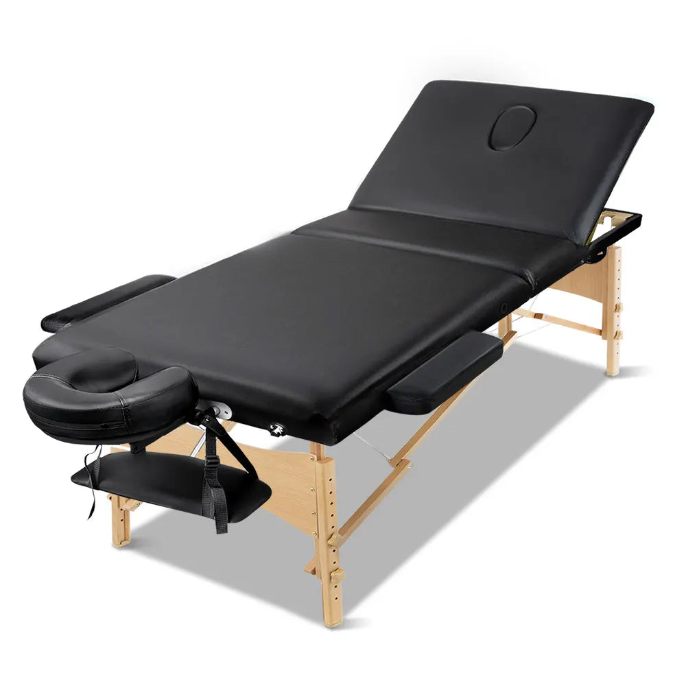 Zenses Massage Table 70cm Portable 3 Fold Wooden Beauty Bed Black - Image 8