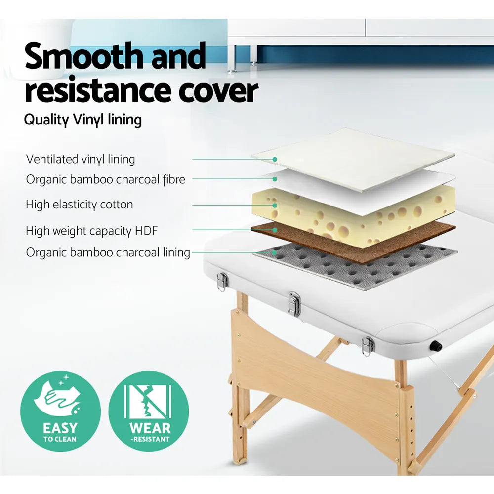 Zenses Massage Table 70cm Portable 3 Fold Wooden Beauty Bed White - Image 4