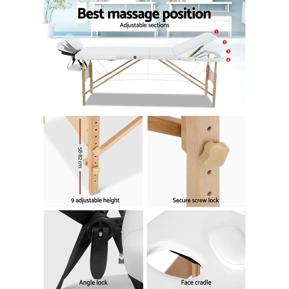 Zenses Massage Table 70cm Portable 3 Fold Wooden Beauty Bed White - Image 5