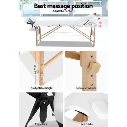 Zenses Massage Table 70cm Portable 3 Fold Wooden Beauty Bed White - Image 5