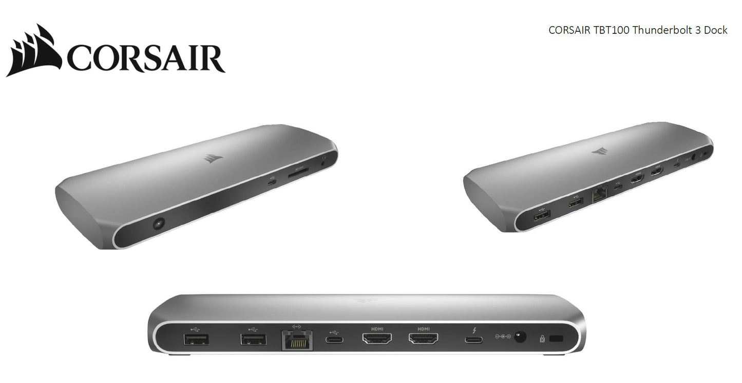 Corsair TBT100 Thunderbolt 3 , 2x USB-C 3.2, 2x 4K @ 60Hz HDMI, GB Ethernet, SDXC Card, Slim Alum...