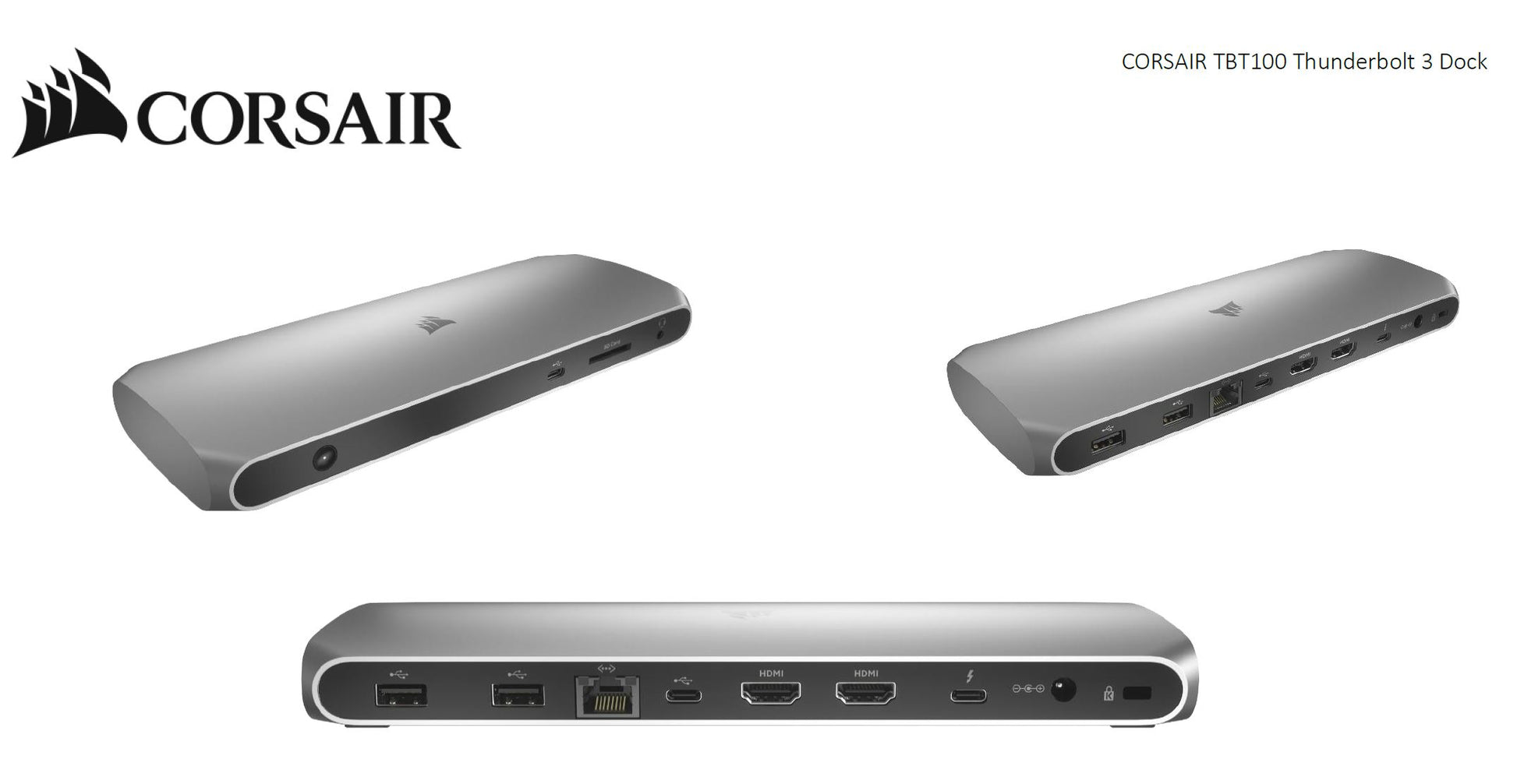 Corsair TBT100 Thunderbolt 3 , 2x USB-C 3.2, 2x 4K @ 60Hz HDMI, GB Ethernet, SDXC Card, Slim Alum...