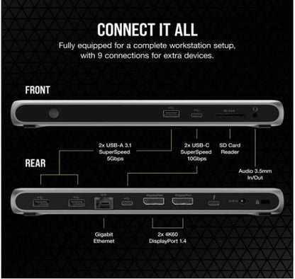 Corsair TBT100 Thunderbolt 3 , 2x USB-C 3.2, 2x 4K @ 60Hz HDMI, GB Ethernet, SDXC Card, Slim Alum... - Image 4