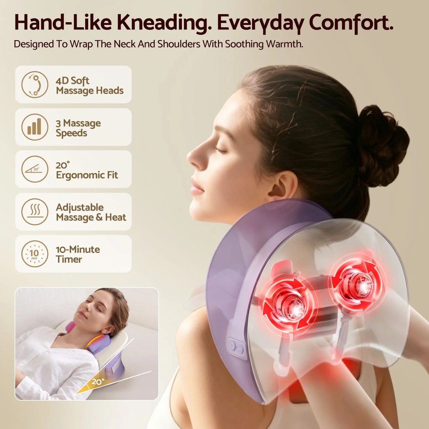 Livemor Neck & Shoulder Massage Pillow with Heat, Cordless 4D Kneading Massager for Home & Office - Image 2