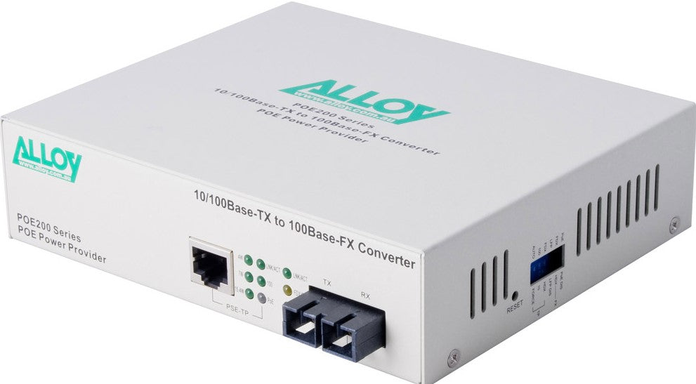 Alloy POE200SC PoE PSE Fast Ethernet Media Converter, has a 10/100Mbps PoE RJ-45 port and a SC te...
