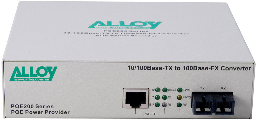 Alloy POE200SC PoE PSE Fast Ethernet Media Converter, has a 10/100Mbps PoE RJ-45 port and a SC te... - Image 2