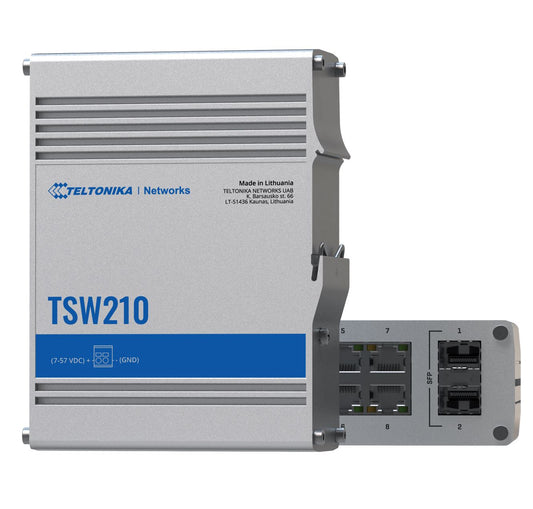 Teltonika TSW210 Industrial Ethernet Switch, 2x SFP Ports, 8x Gigabit Ethernet Ports with speeds of up to 1000 Mbps, DIN Rail, PSU excluded