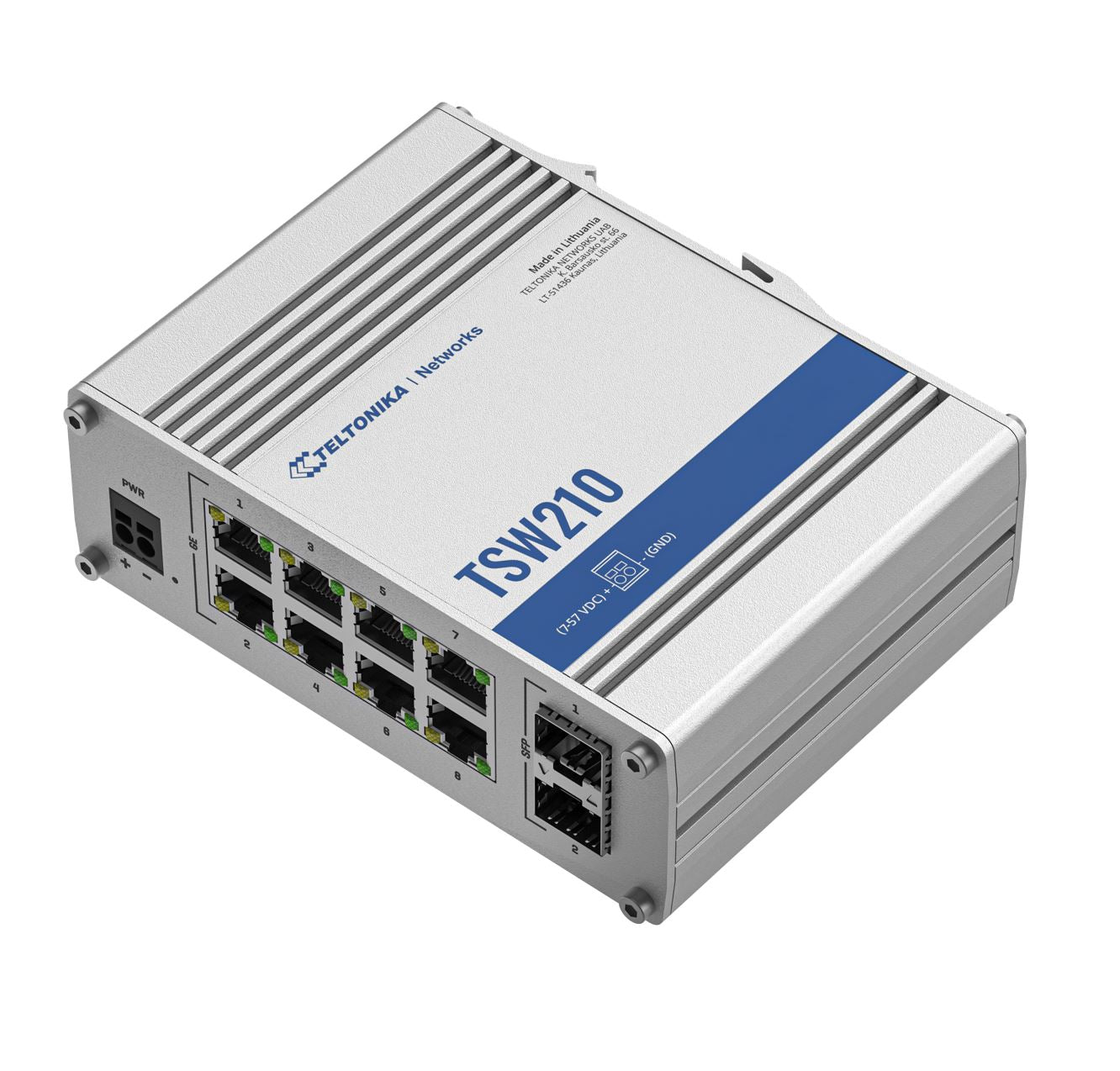 Teltonika TSW210 Industrial Ethernet Switch, 2x SFP Ports, 8x Gigabit Ethernet Ports with speeds of up to 1000 Mbps, DIN Rail, PSU excluded