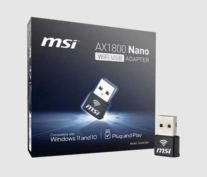MSI GUAX18N AX1800 WiFi USB Adapter, 2.4GHz / 5GHz, 2x Dual Antennas, USB 2.0, Windows 10 / 11...