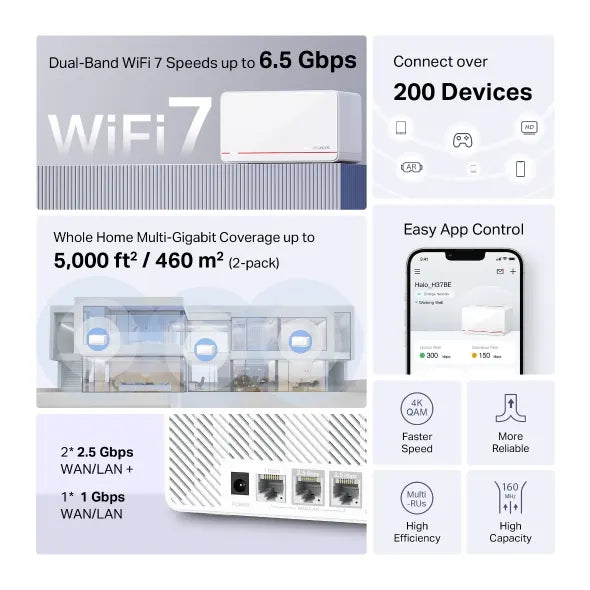 Mercusys Halo H37BE(2-pack) BE6500 Whole Home Mesh Wi-Fi 7 System,  688 Mbps at 2.4 GHz, 5760 Mbp... - Image 4