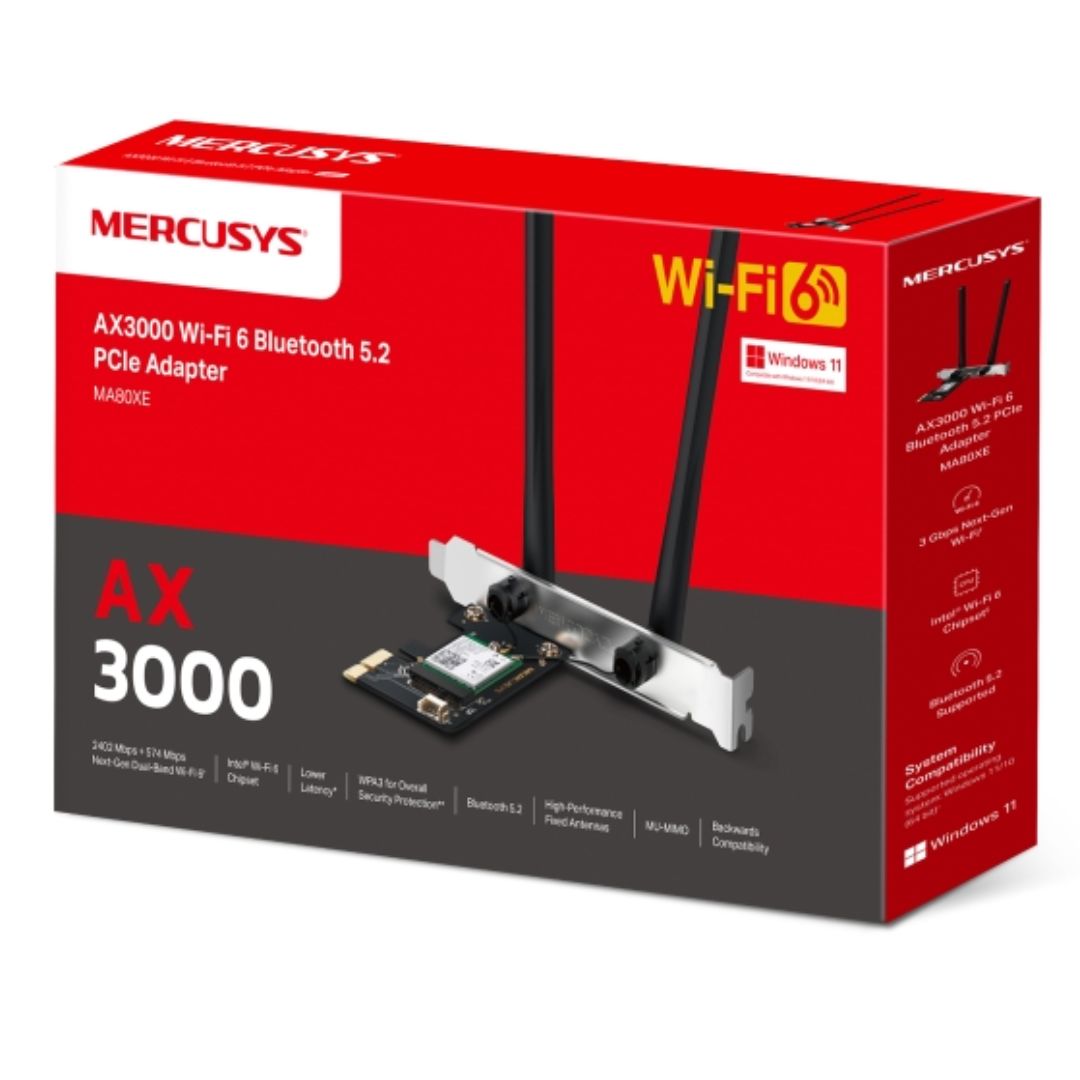 Mercusys MA80XE AX3000 Wi-Fi 6 Bluetooth 5.2 PCIe Adapter, 2402Mbps @5 GHz, 574Mbps @2.4GHz - Net...