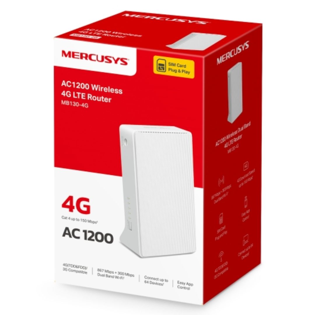 Mercusys MB130-4G AC1200 Wireless Dual Band 4G LTE Router, up to 150 Mbps, Dual Band 1200 Mbps Wi...