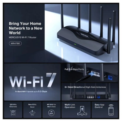 Mercusys MR47BE BE9300 Tri-Band Wi-Fi 7 Router (2YW) (WIFI7) 574 Mbps at 2.4 GHz + 2880 Mbps at 5... - Image 3