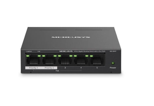 Mercusys MS105GP 5-Port Gigabit Desktop Switch with 4-Port PoE+, 10/100/1000 Mbps RJ45 ports, Up...