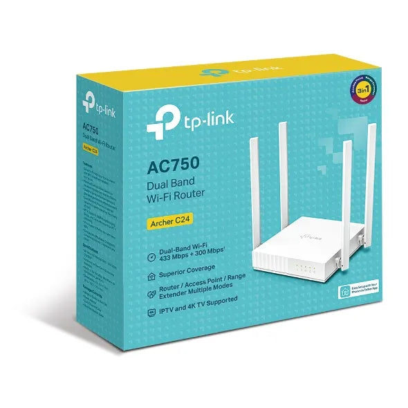 TP-Link Archer C24 AC750 Dual-Band Wi-Fi Router 2.4GHz 300Mbps 5GHz 433Mbps 4xLAN 1xWAN 4xAntenna...