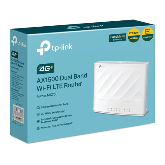 TP-Link Archer MX700 4G+ AX1500 Dual Band Wi-Fi LTE Router with Cat6 300 Mbps 4G+, AX1500 dual-ba...