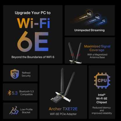 TP-Link Archer TXE72E AXE5400 Wi-Fi 6E Bluetooth 5.3 PCIe Adapter , 2402 Mbps at 6 GHz + 2402 Mbps at 5 GHz + 574 Mbps at 2.4 GHz