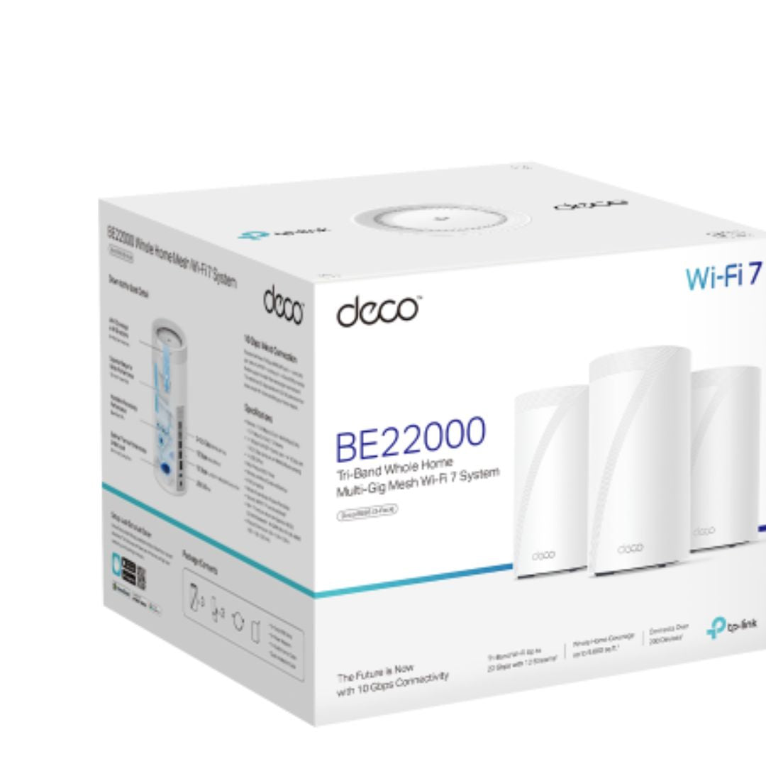 TP-Link Deco BE85(3-pack) BE22000 Tri-Band Whole Home Mesh Wi-Fi 7 System (WIFI7) 1376 Mbps at 2....