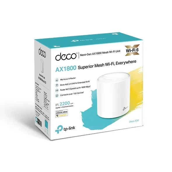 TP-Link Deco X20 (1-pack)AX1800 Whole Home Mesh Wi-Fi 6 System, Up To 200 sqm Coverage, WIFI6, 12...