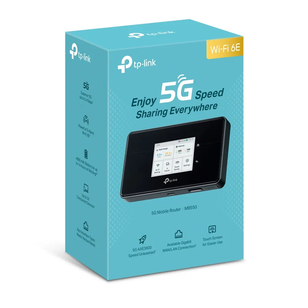 TP-Link M8550 5G Mobile Wi-Fi, 2880 Mbps at 6 GHz or 2880 Mbps at 5 GHz 688 Mbps at 2.4 GHz, 5G 3...