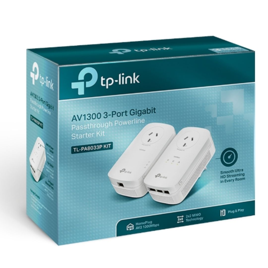 TP-Link TL-PA8033P KIT AV1300 Passthrough Powerline KIT, Qualcomm, 3 Gigabit Ports, 1300Mbps Powe...