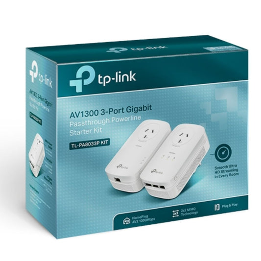 TP-Link TL-PA8033P KIT AV1300 Passthrough Powerline KIT, Qualcomm, 3 Gigabit Ports, 1300Mbps Powe...