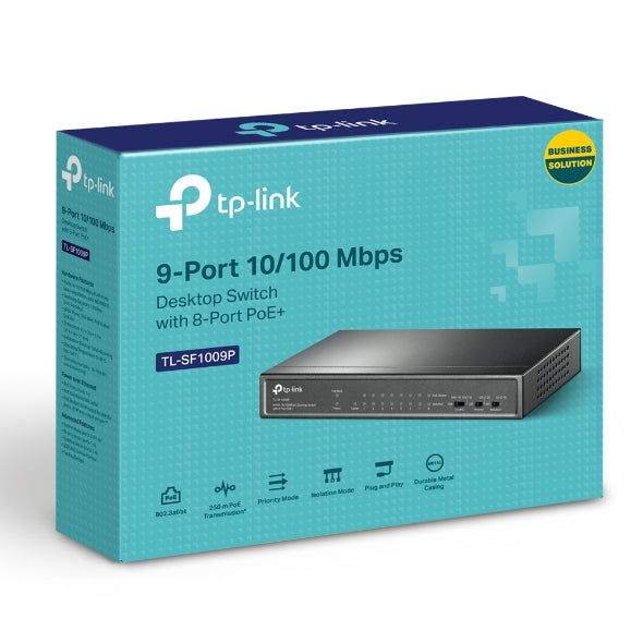 TP-Link TL-SF1009P 9-Port 10/100Mbps Desktop Switch with 8-Port PoE+, Up to 65W for 8 PoE ports,...
