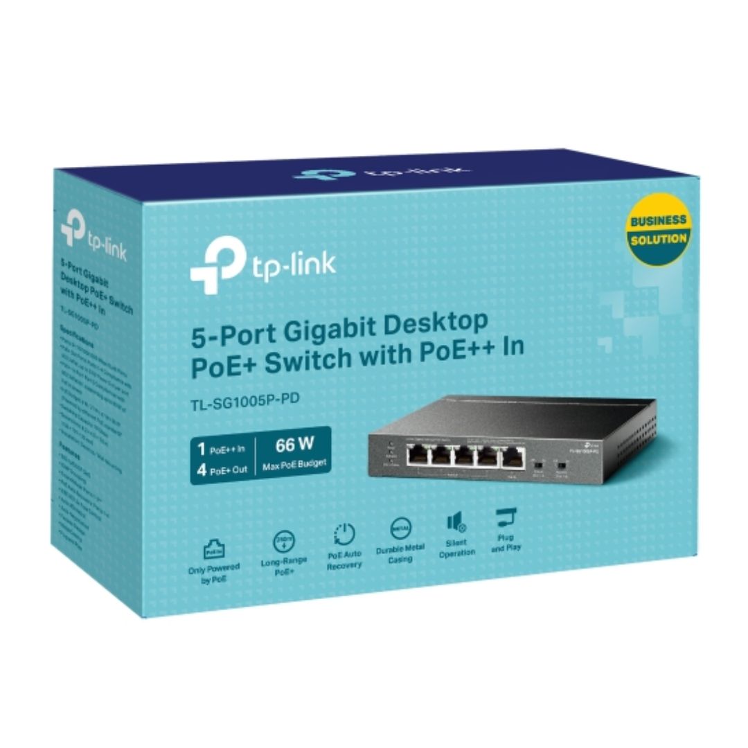 TP-Link TL-SG1005P-PD 5-Port Gigabit Desktop PoE+ Switch with 1-Port PoE++ In, 4-Port PoE+ Out, M...