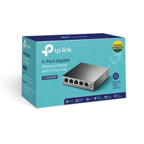 TP-Link TL-SG1005P 5-Port Gigabit Desktop Switch with 4-Port PoE, 5 Gigabit RJ45 ports including...