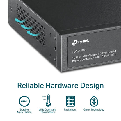 TP-Link TL-SL1218P 16-Port 10/100 Mbps + 2-Port Gigabit Rackmount Switch with 16-Port PoE+, Up to... - Image 3