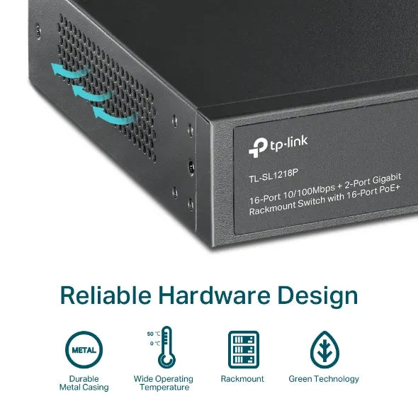 TP-Link TL-SL1218P 16-Port 10/100 Mbps + 2-Port Gigabit Rackmount Switch with 16-Port PoE+, Up to... - Image 3