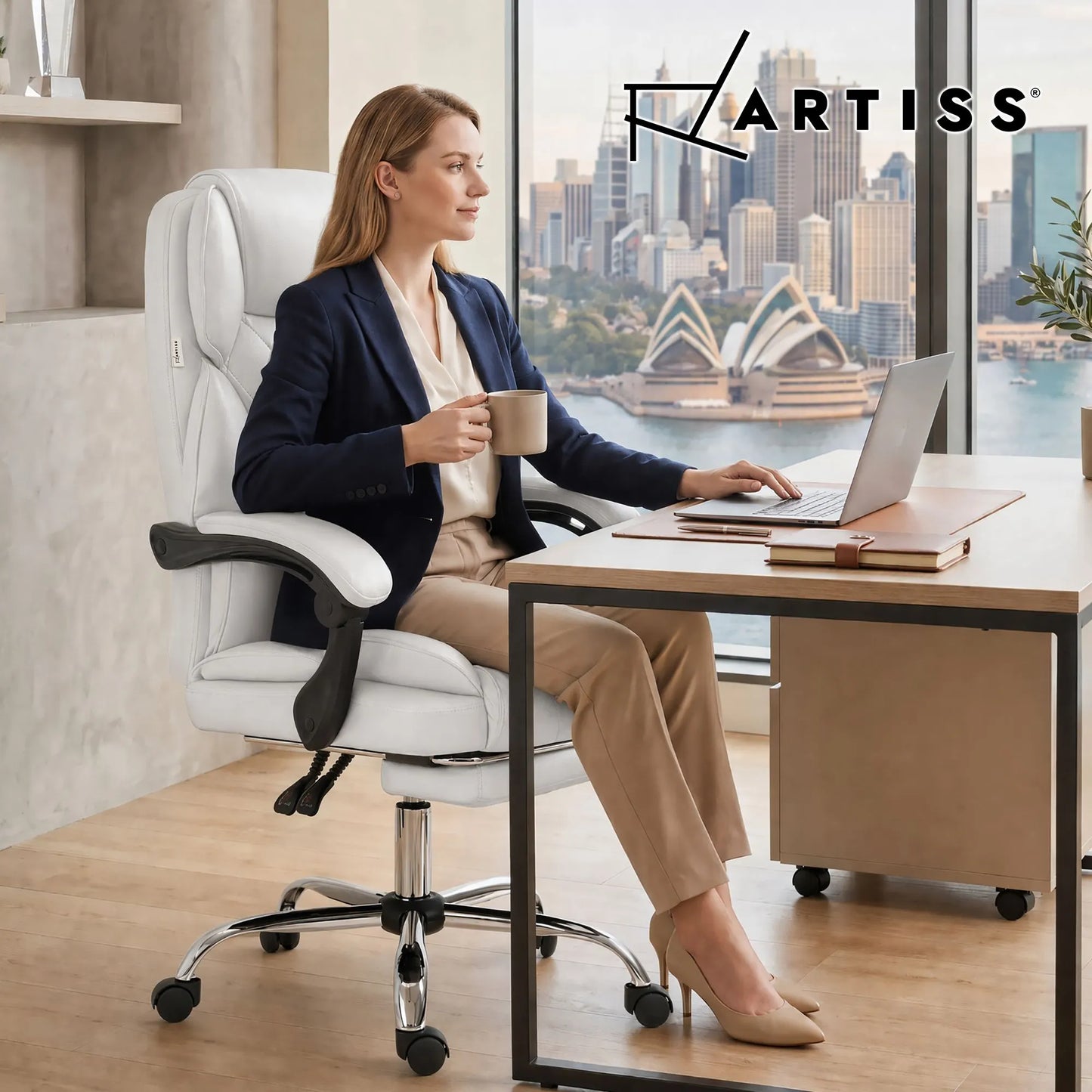 Artiss Executive Office Chair Leather Footrest White - Image 8