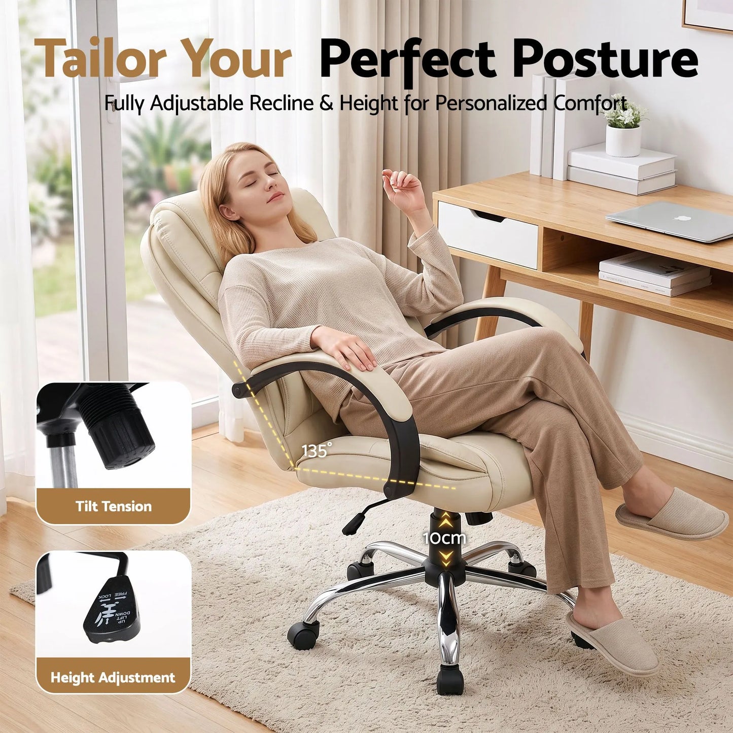 Artiss Executive Office Chair Leather Tilt Beige - Image 4