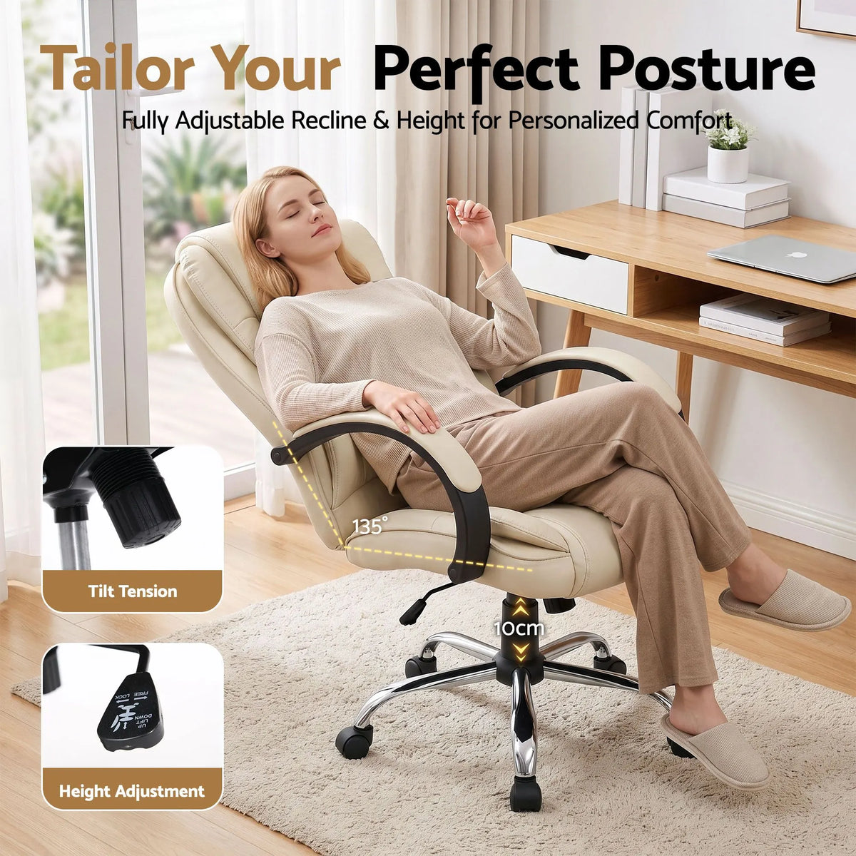 Artiss Executive Office Chair Leather Tilt Beige - Image 4