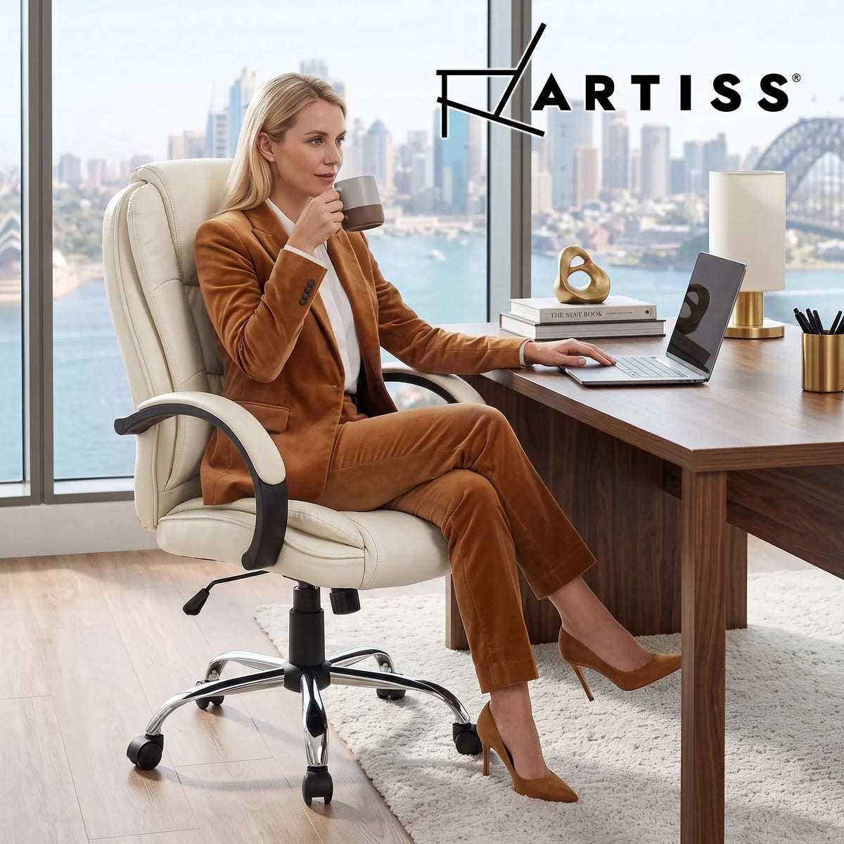 Artiss Executive Office Chair Leather Tilt Beige - Image 8