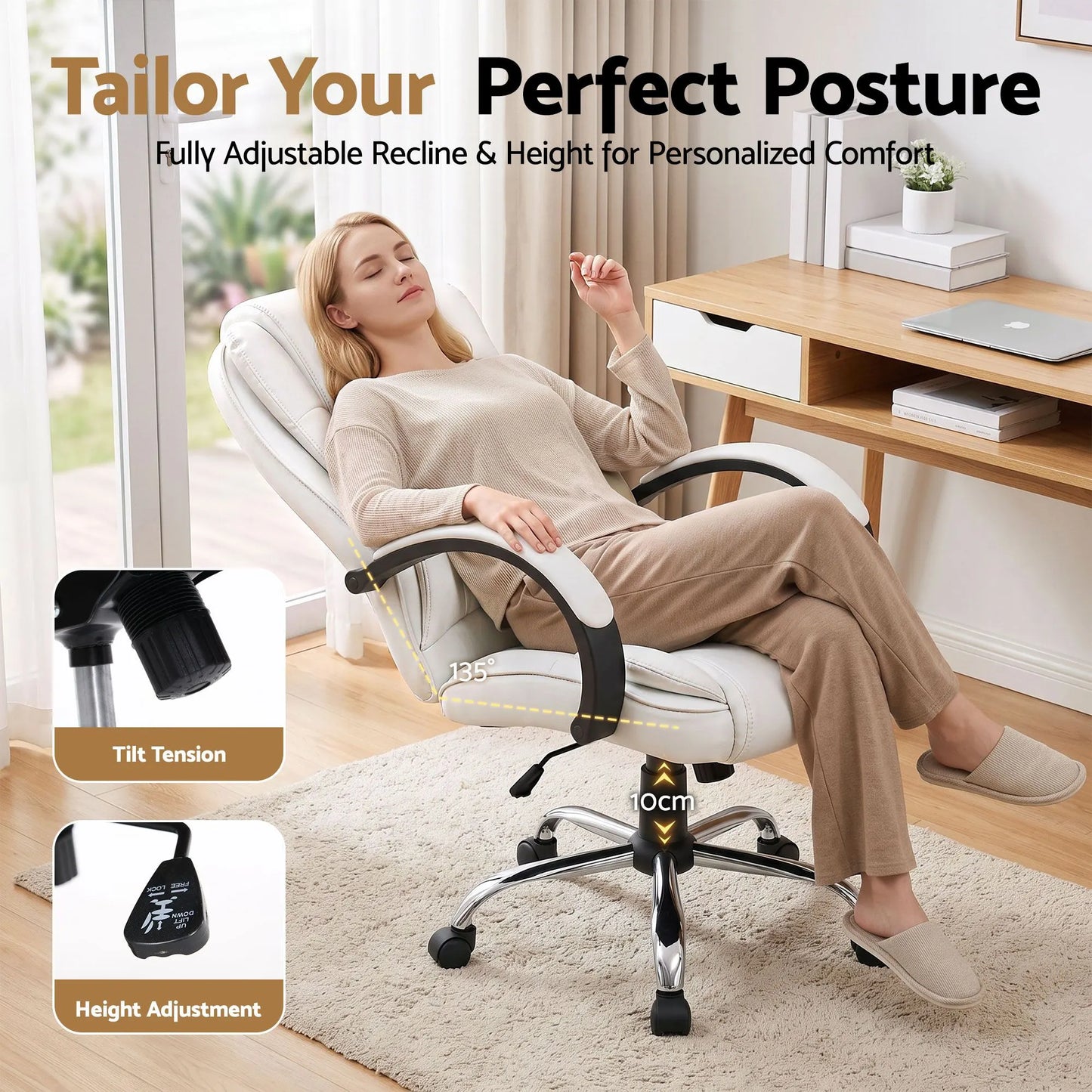 Artiss Executive Office Chair Leather Tilt White - Image 4