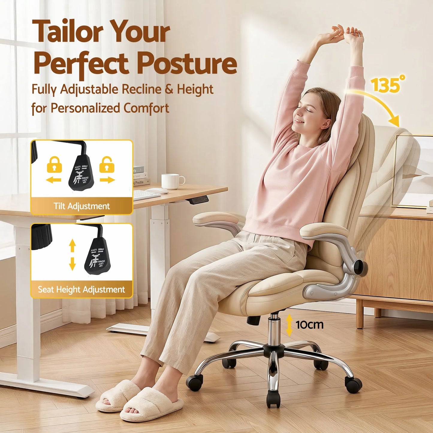 Artiss Executive Office Chair Leather Tilt Beige - Image 4