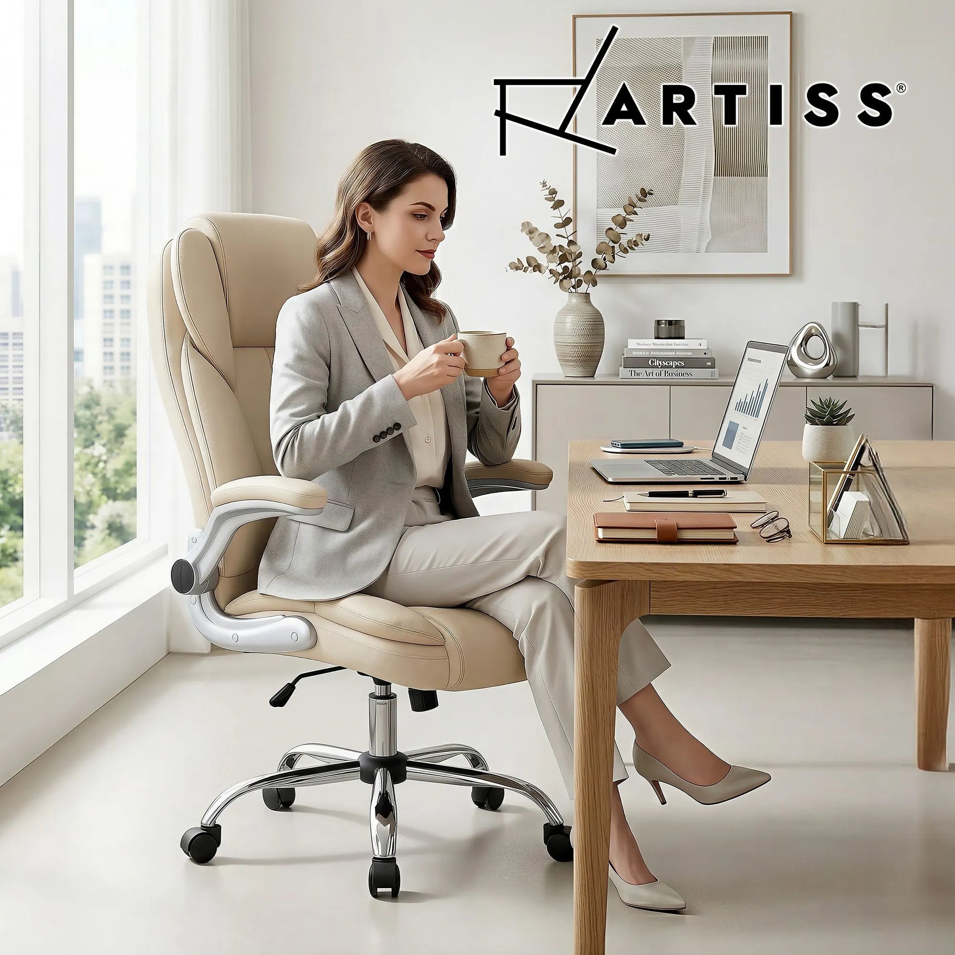 Artiss Executive Office Chair Leather Tilt Beige - Image 9